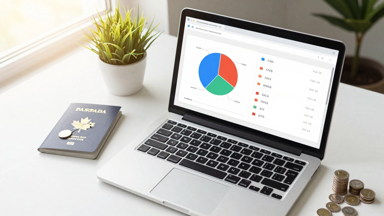 Desk with laptop portfolio chart and coins symbolizing steady growth