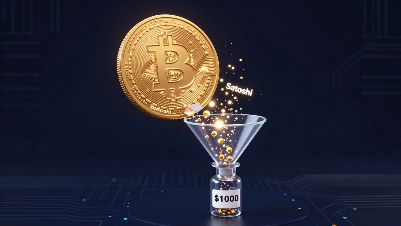 Golden Bitcoin breaking into tiny Satoshi particles