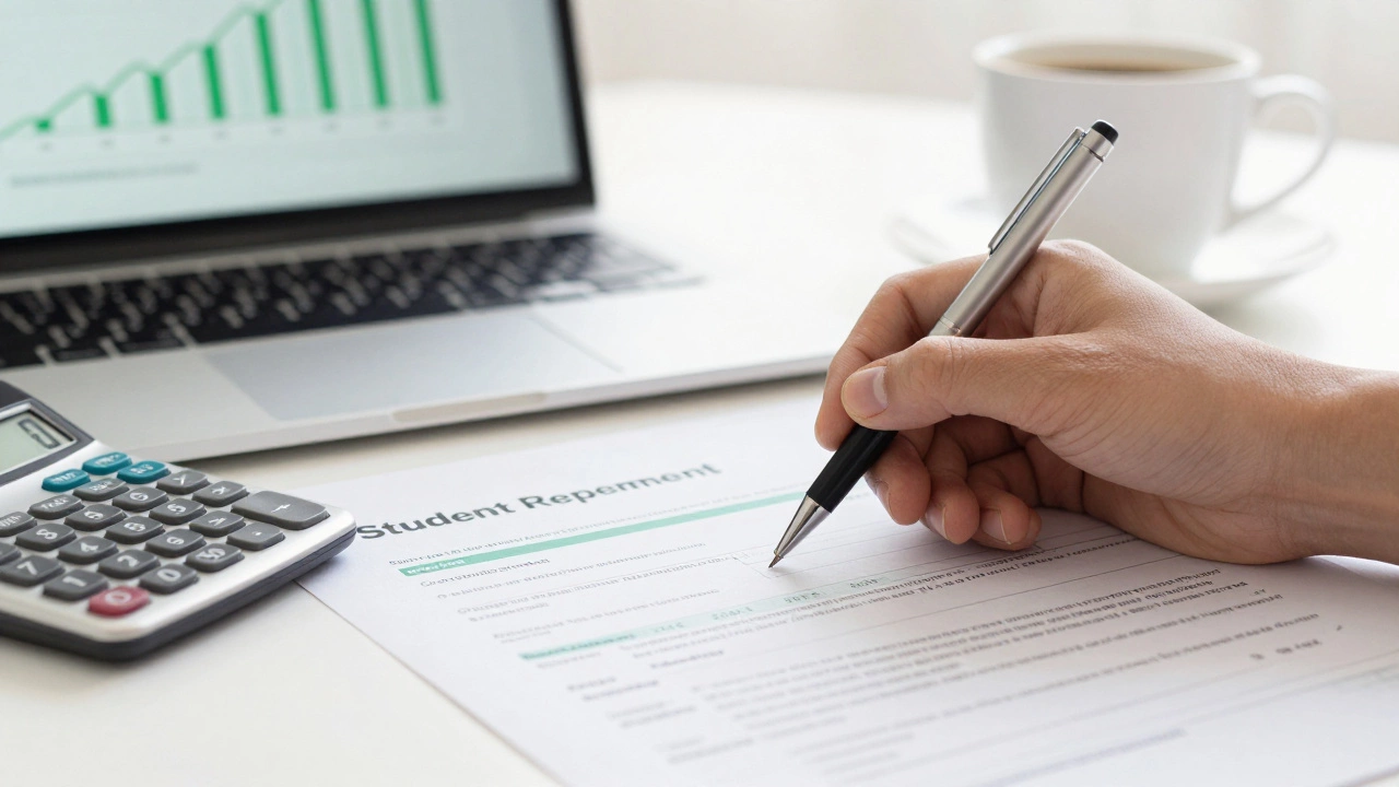 Hand signing loan form next to calculator showing zero payment amount