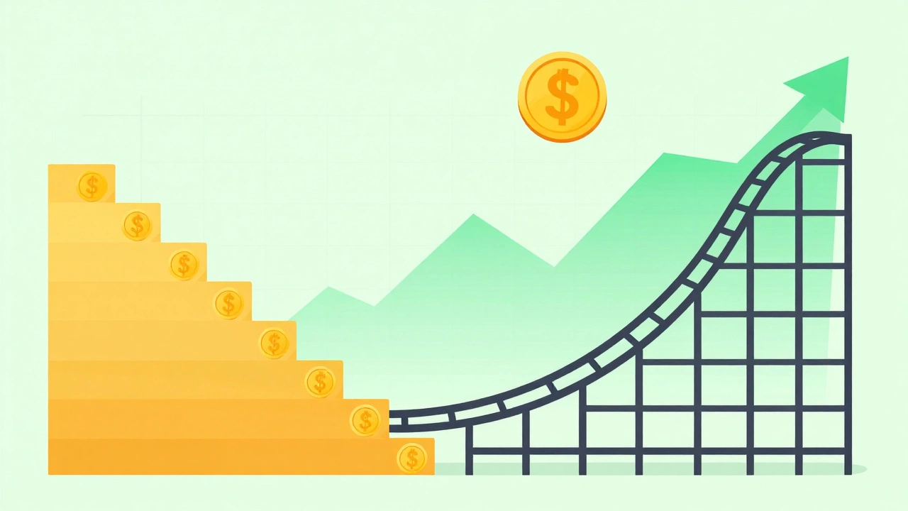 Illustration comparing DCA stairs vs volatile rollercoaster