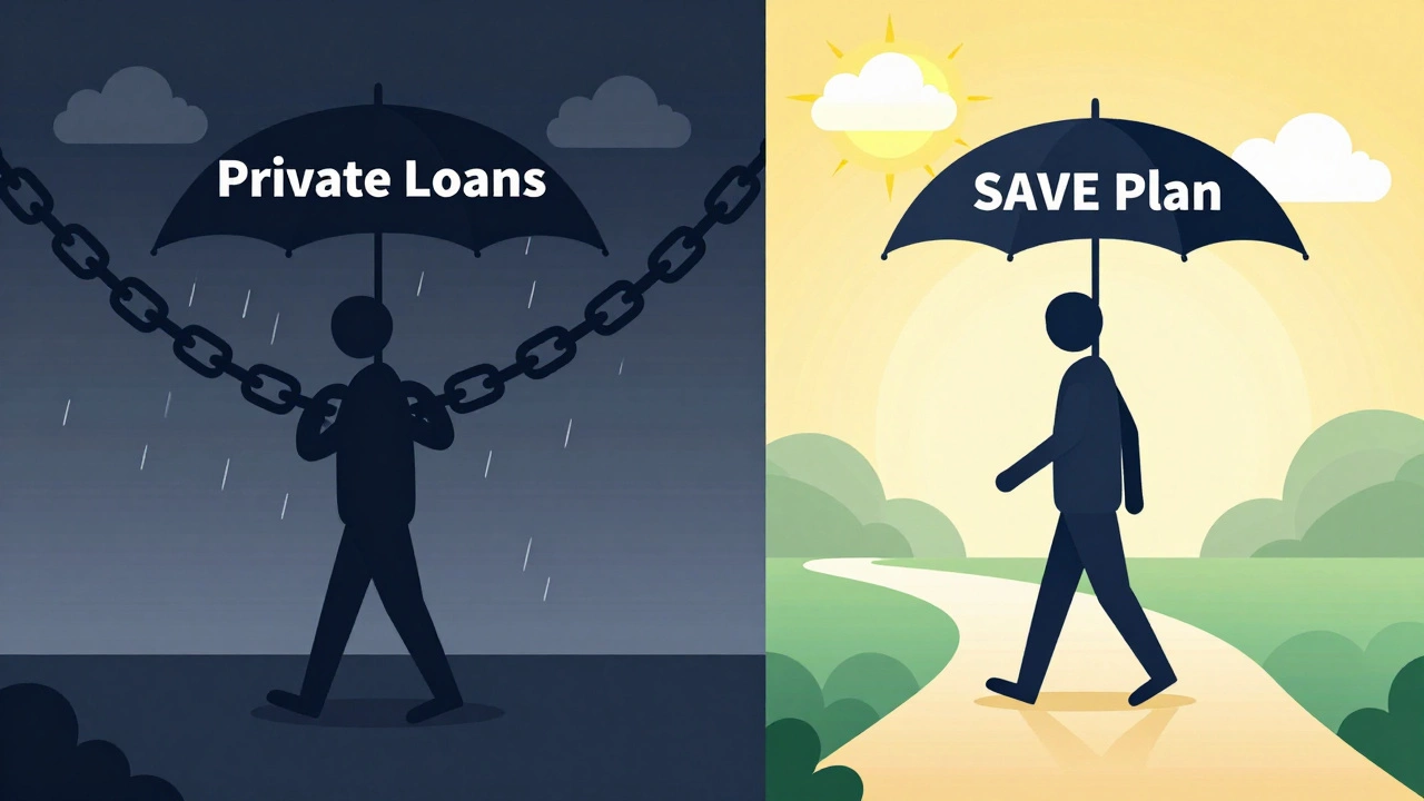 Illustration contrasting private loan burden with federal SAVE plan relief
