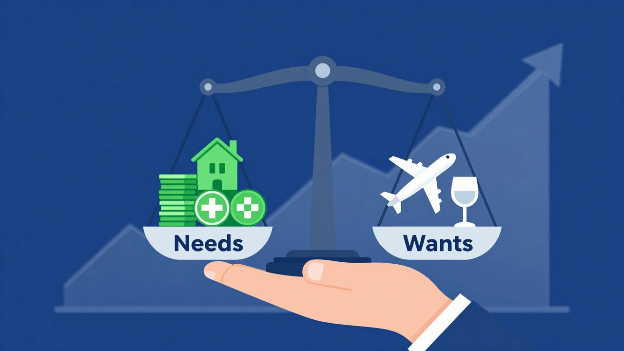 Minimalist graphic showing a balance scale comparing essential needs versus discretionary wants.