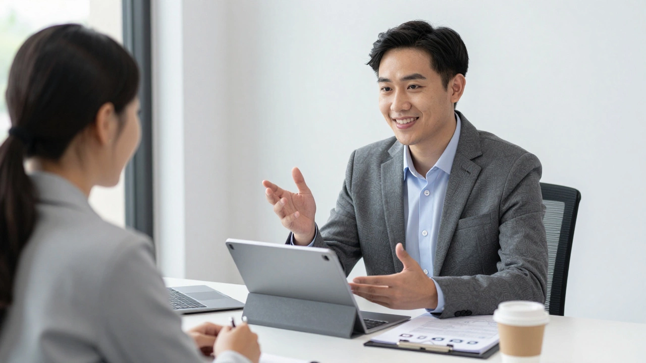 Mortgage broker advising a client in a modern office setting