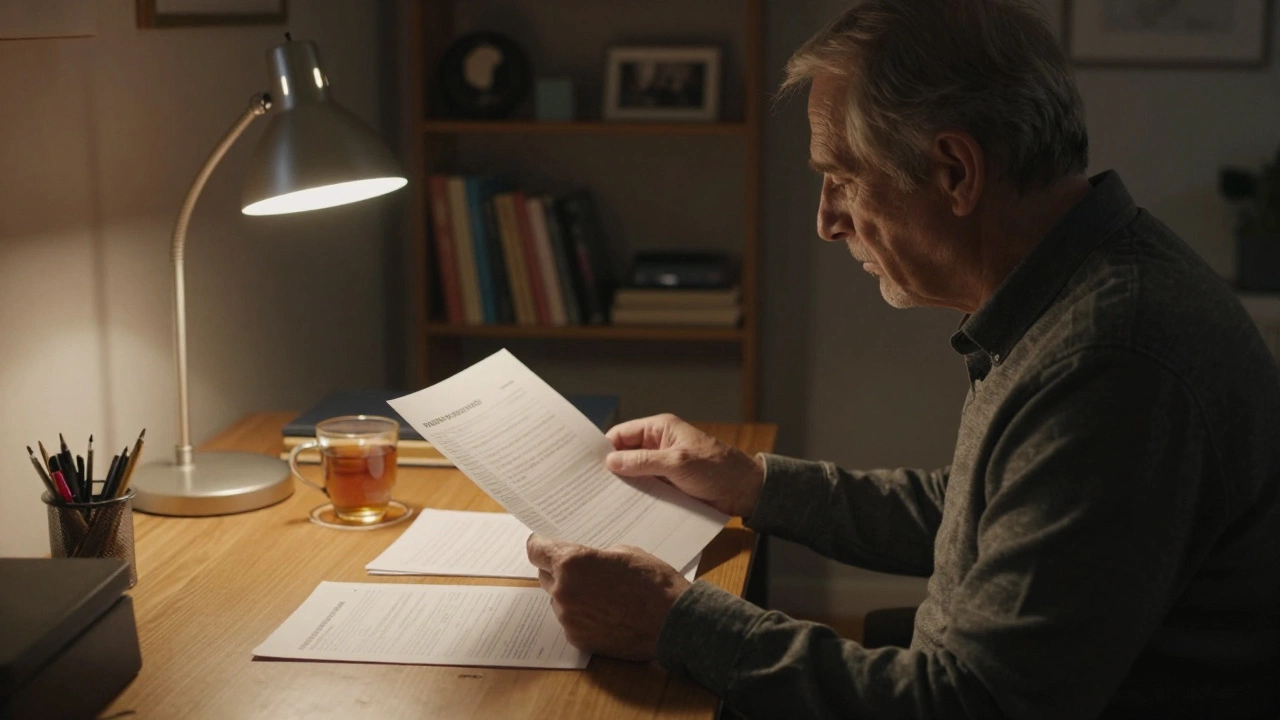 Senior person reviewing financial documents at a desk by lamplight, planning for retirement.
