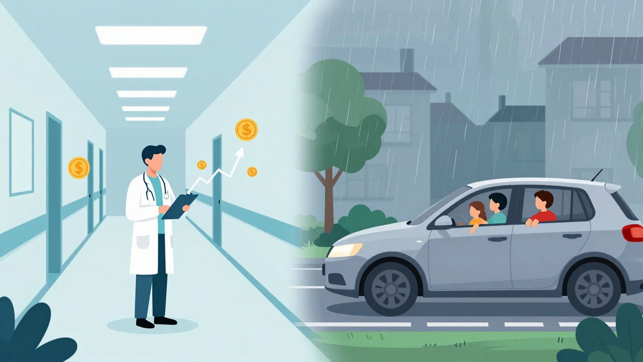 Split view showing hospital costs on one side and a safe car ride in rain on the other, illustrating insurance benefits.