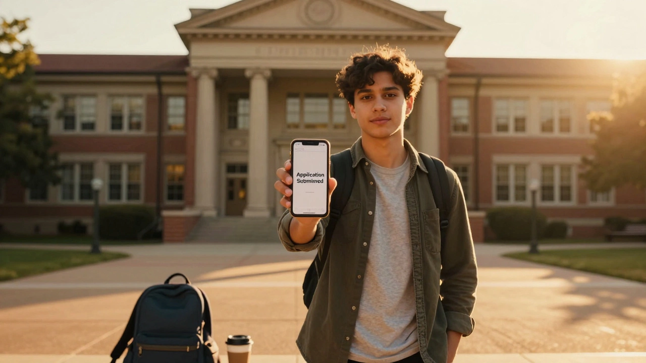 Student holding phone with application success on campus at sunset