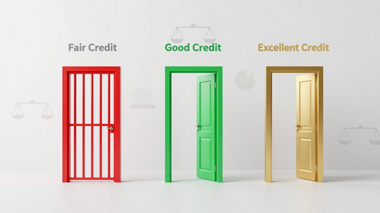 Abstract illustration of credit score tiers as gated pathways