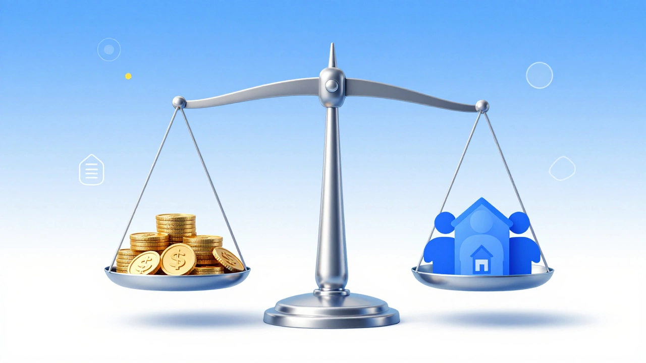 Abstract scale balancing income coins against household size icons