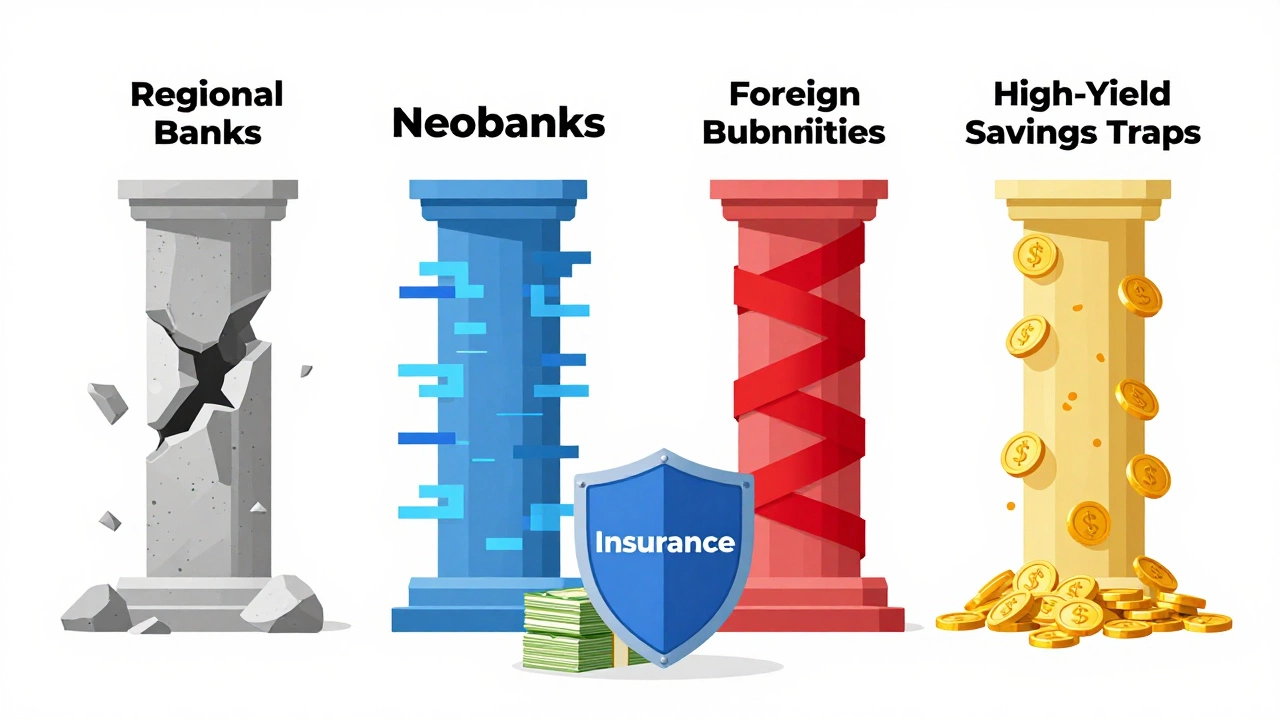 Four pillars representing risky bank types under a protective insurance shield