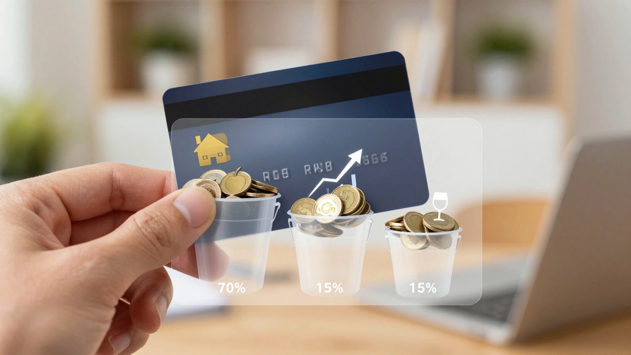 Hand holding card over digital visualization of spending categories