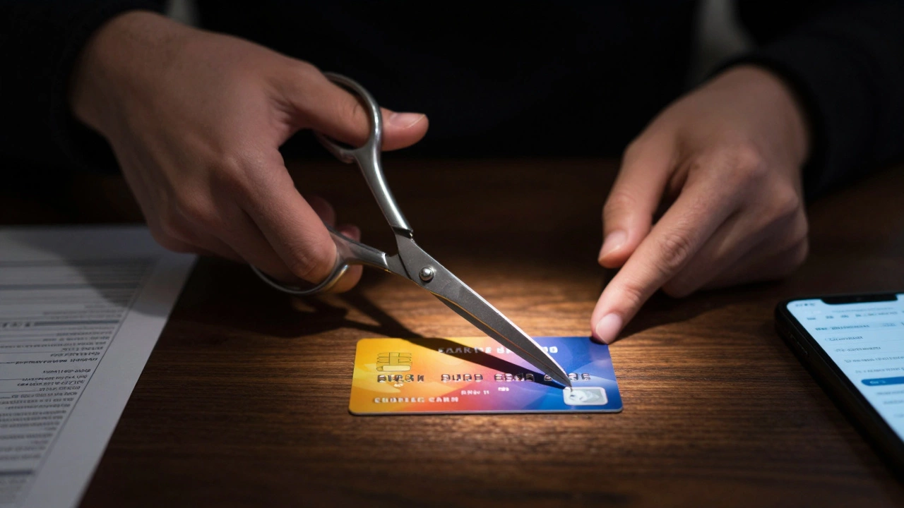 Hands holding scissors over a credit card