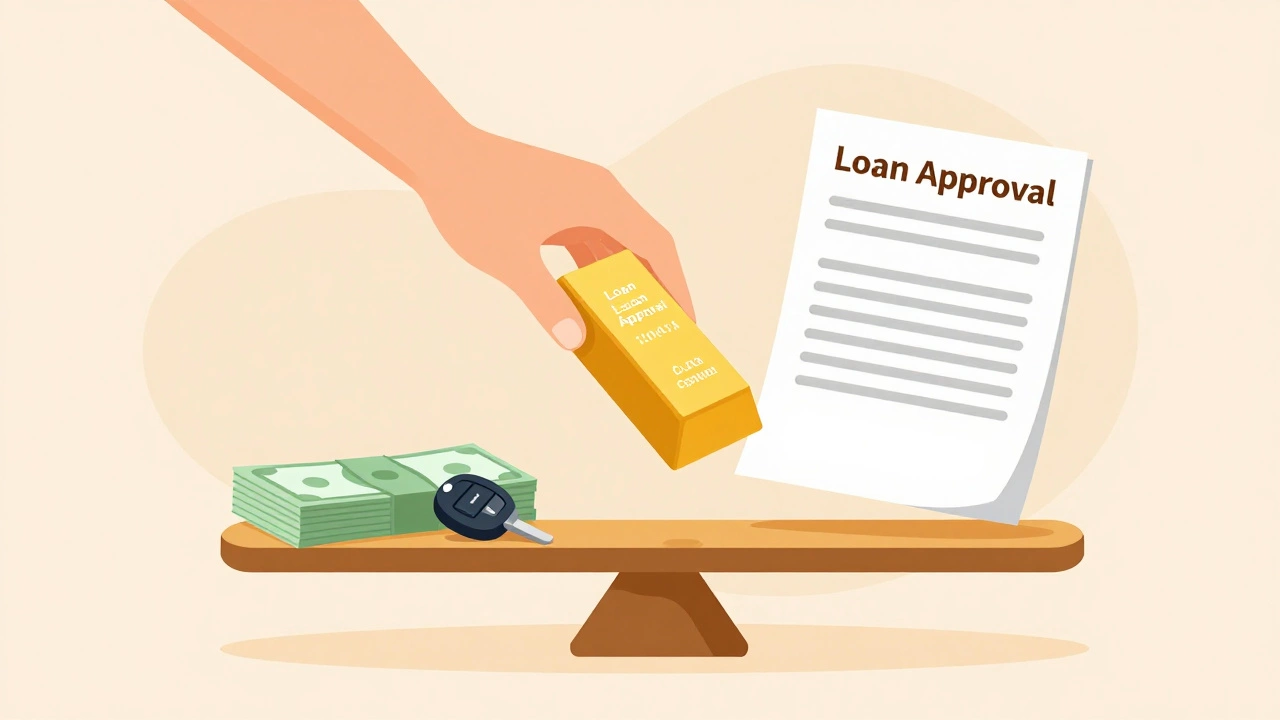 Hands placing collateral like keys on a scale for loan