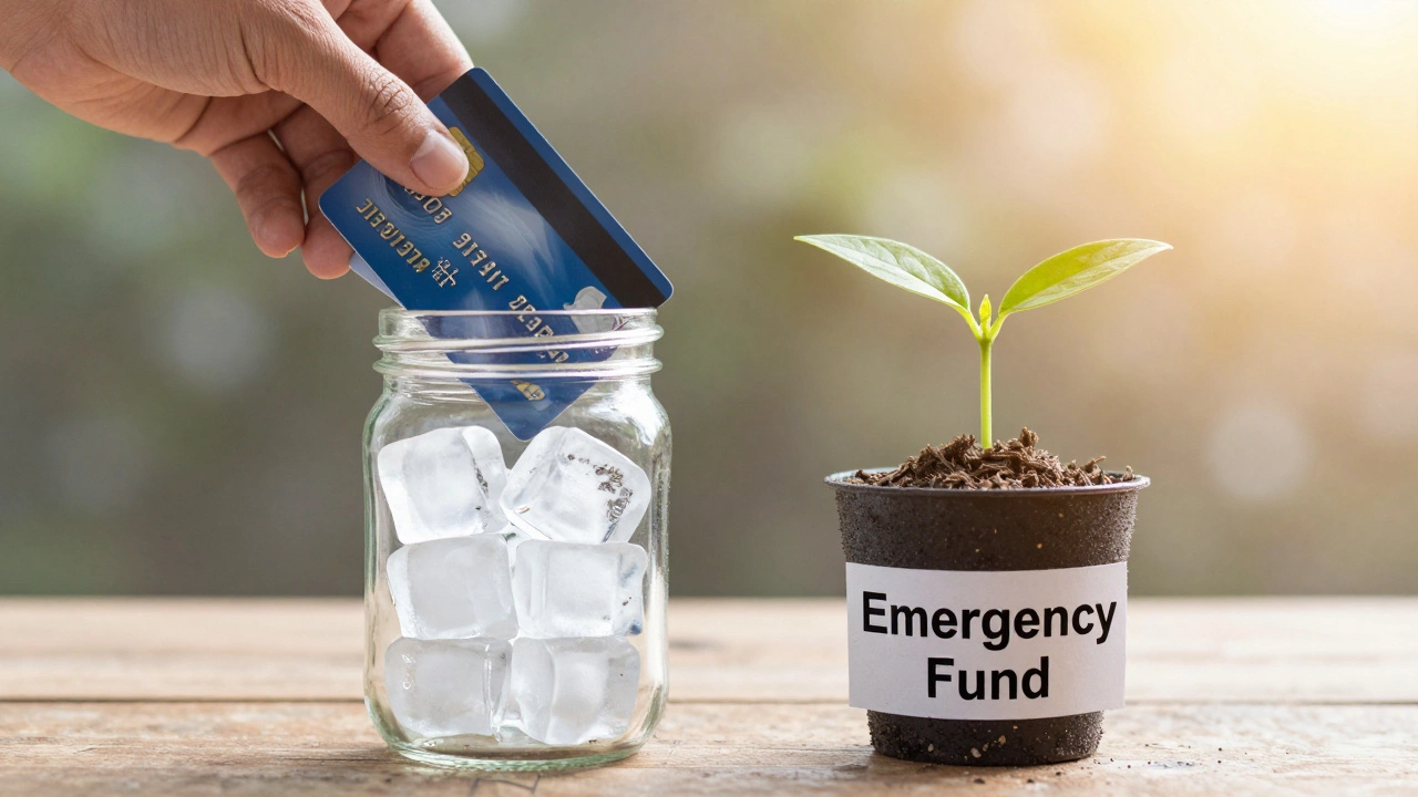 Hands putting credit cards in an ice jar next to a savings plant