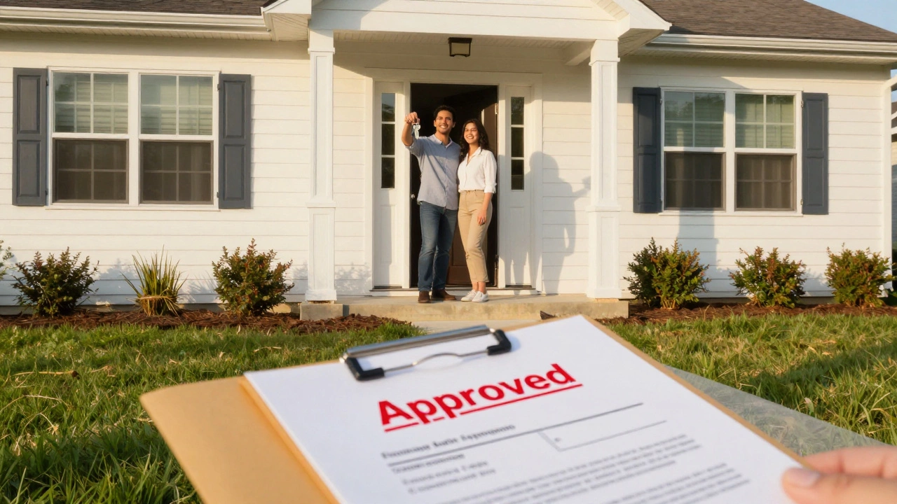 Happy couple holding keys to their newly approved home