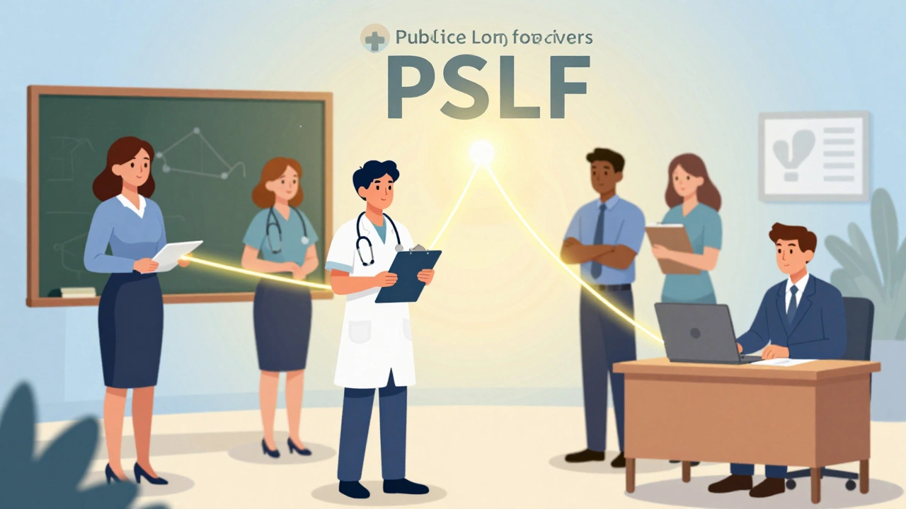 Illustration of teachers, nurses, and officials connected by light