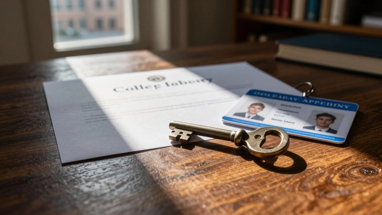 Iron key on a desk next to a college acceptance letter in sunlight
