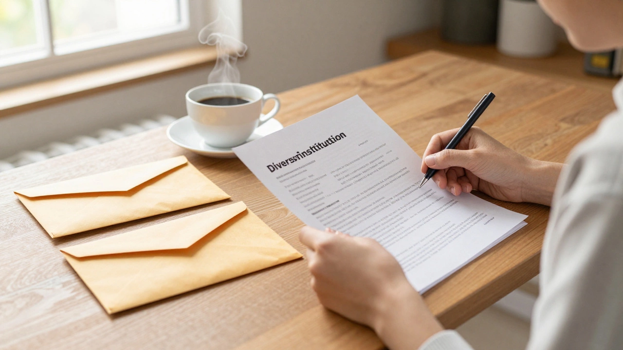 Person calmly organizing finances into separate folders at a sunny home desk
