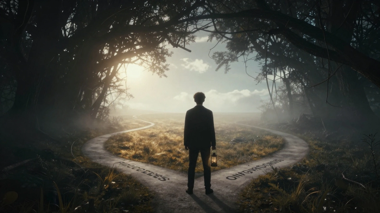 Person choosing a bright path over a dark thicket