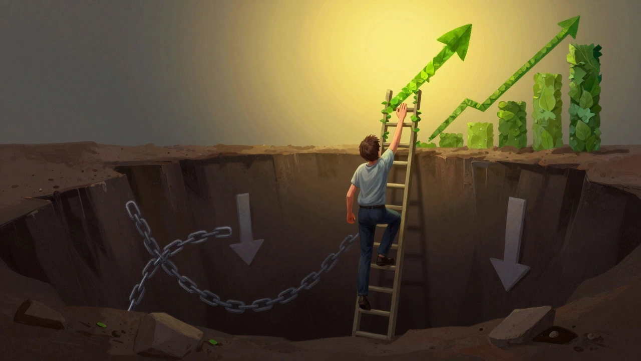 Person climbing out of debt pit towards financial growth