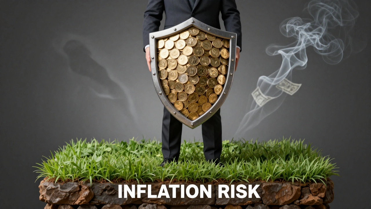 Person holding gold shield against inflation shadow on stable ground