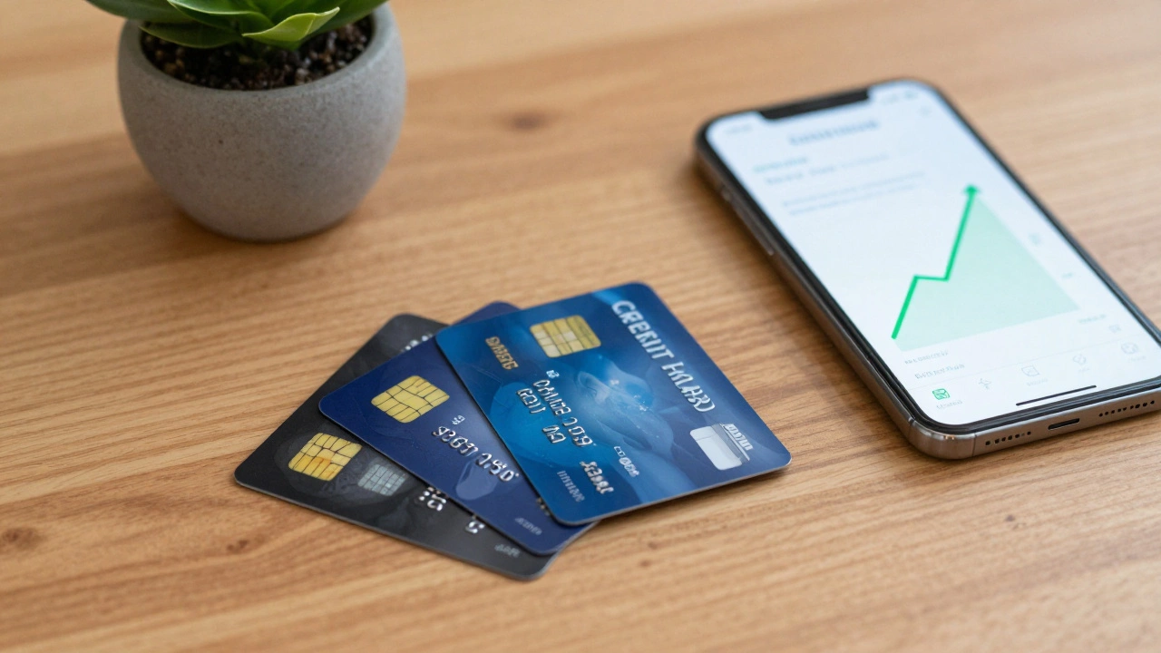 Three credit cards and a phone on a desk showing organized finance