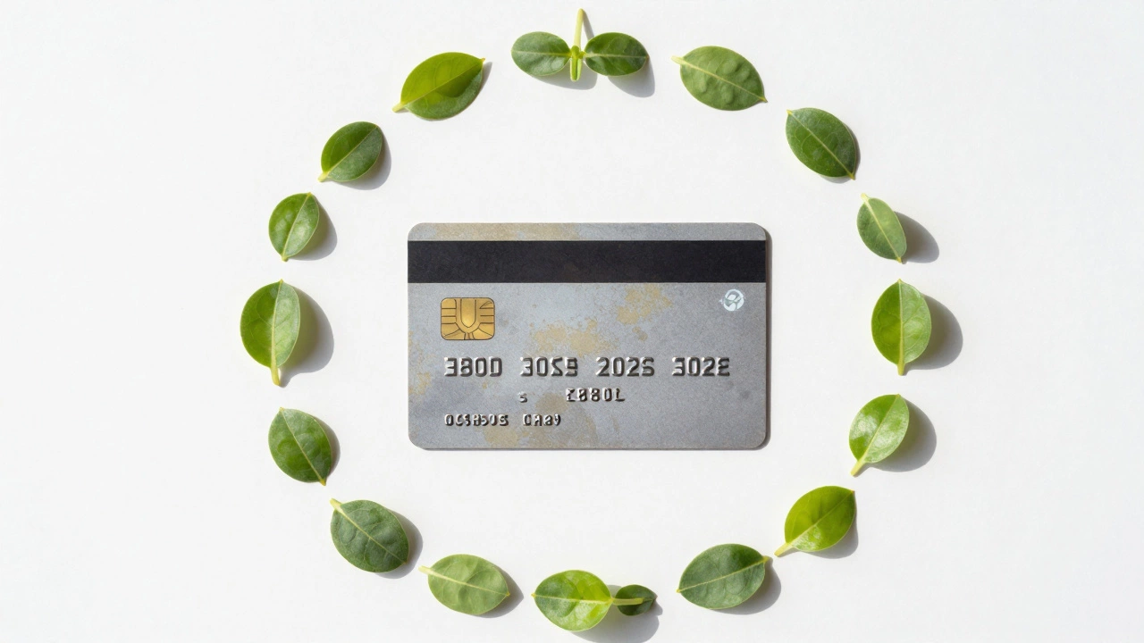 Vintage credit card surrounded by green sprouts