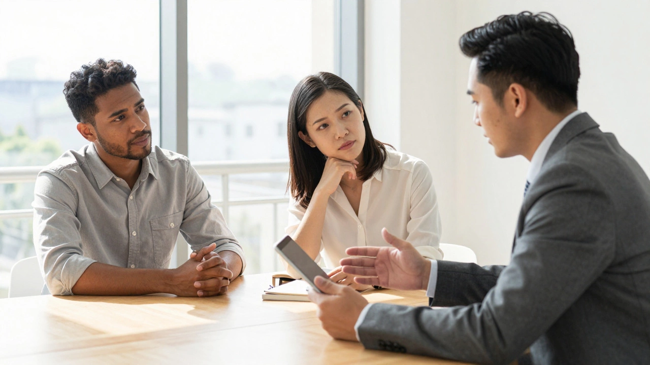 Broker discussing insurance options with clients
