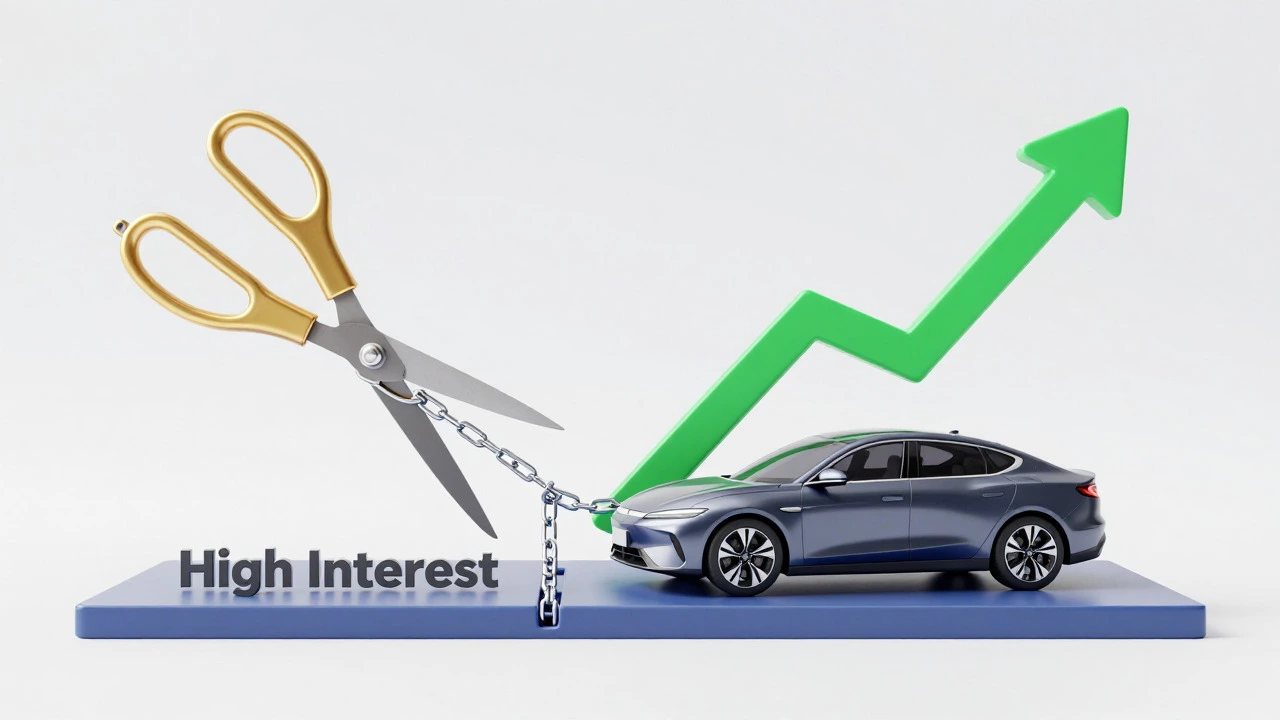 Car with chains being cut symbolizing loan refinancing