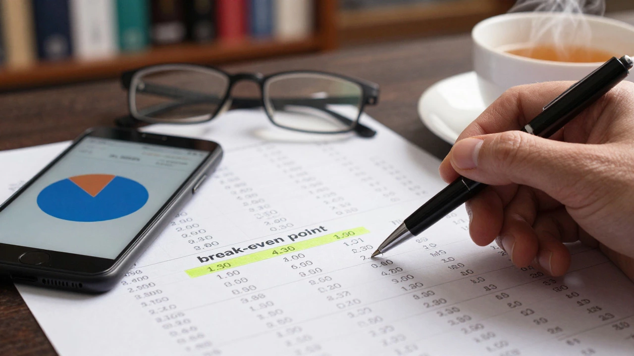 Close-up of hand calculating break-even point on documents