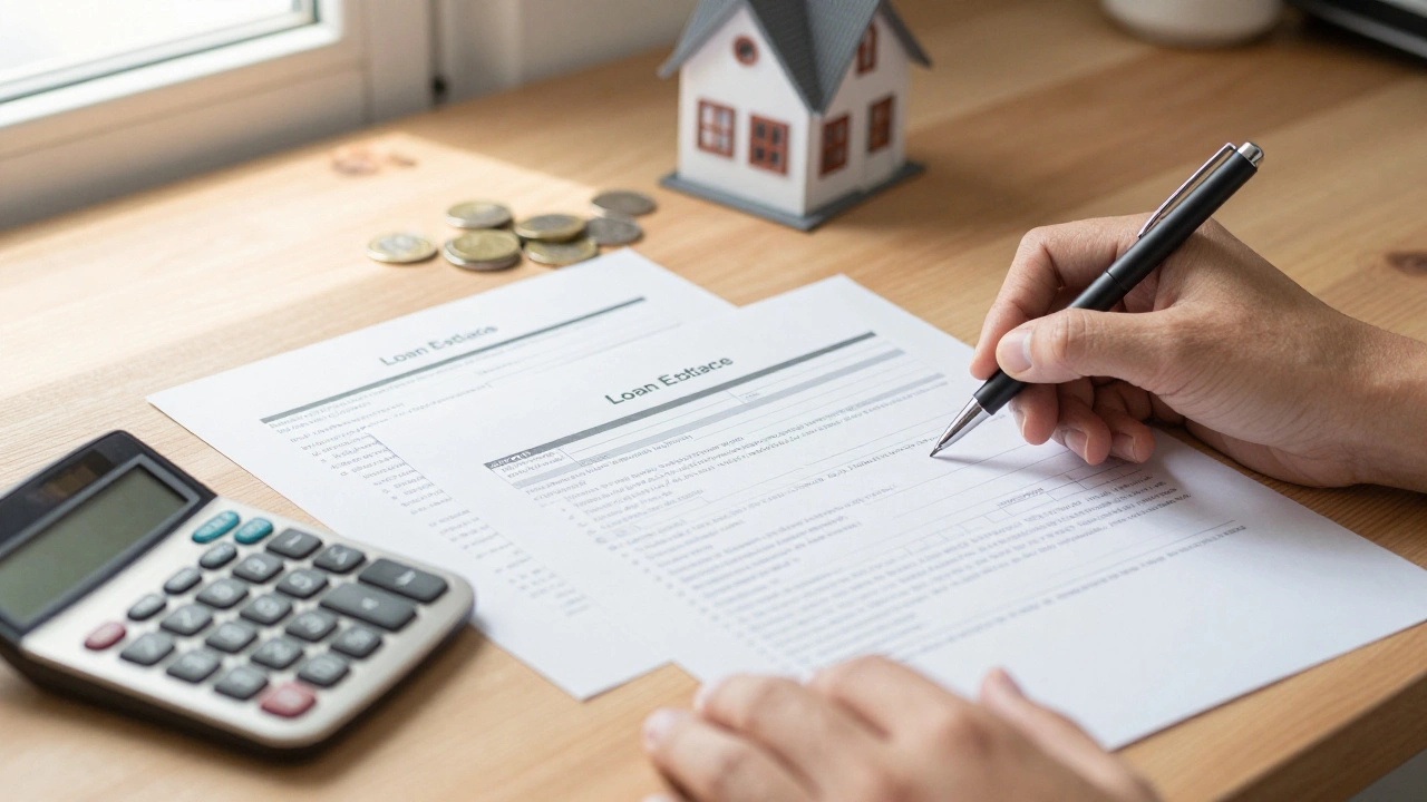 Close-up of hands reviewing mortgage loan estimates and calculating costs on a table