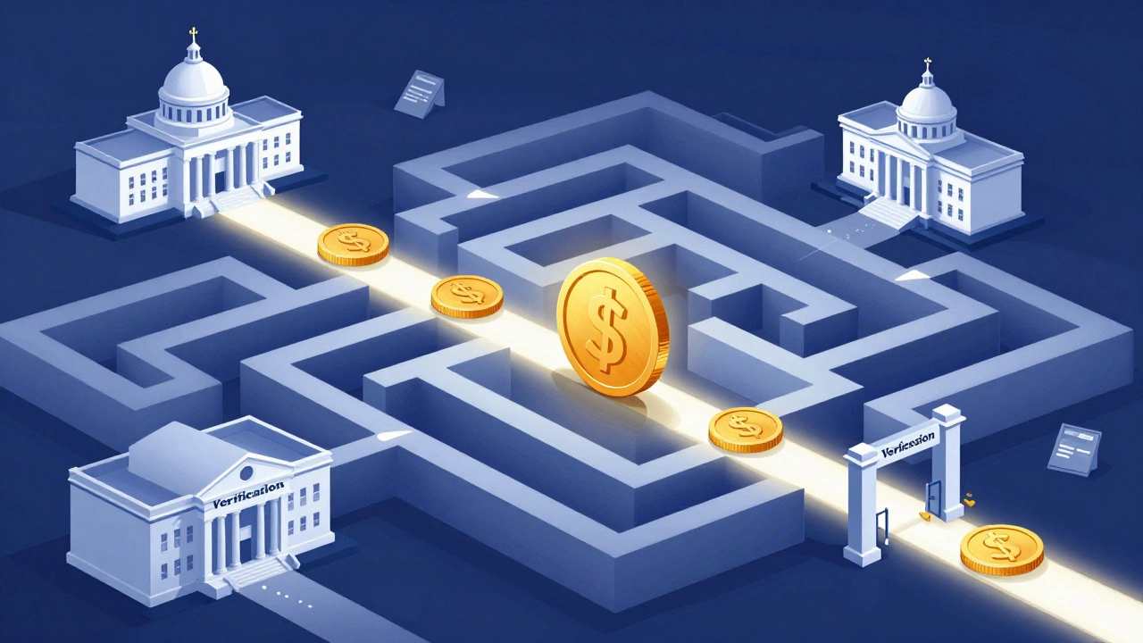 Golden coin navigating a bureaucratic maze concept