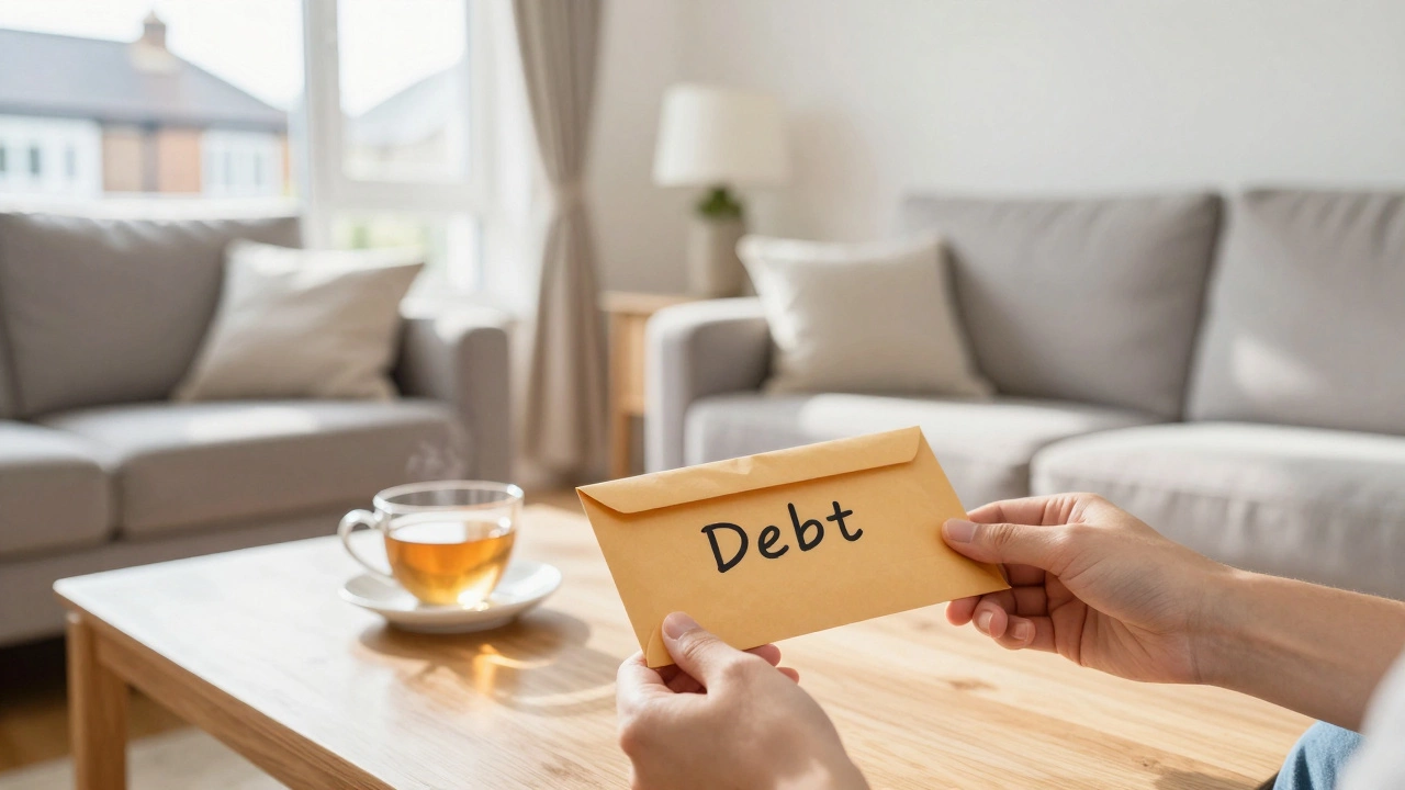 Hand placing savings envelope on a sunny living room table