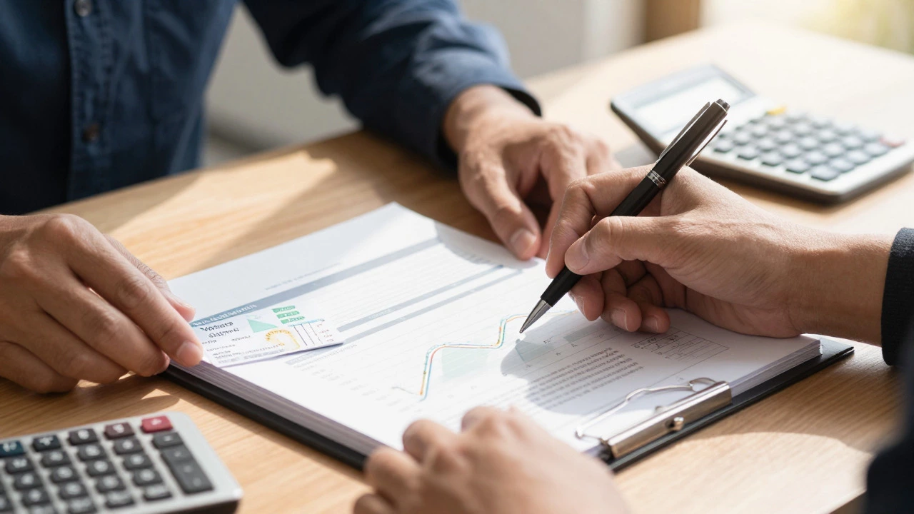 Hands reviewing car loan documents and credit report
