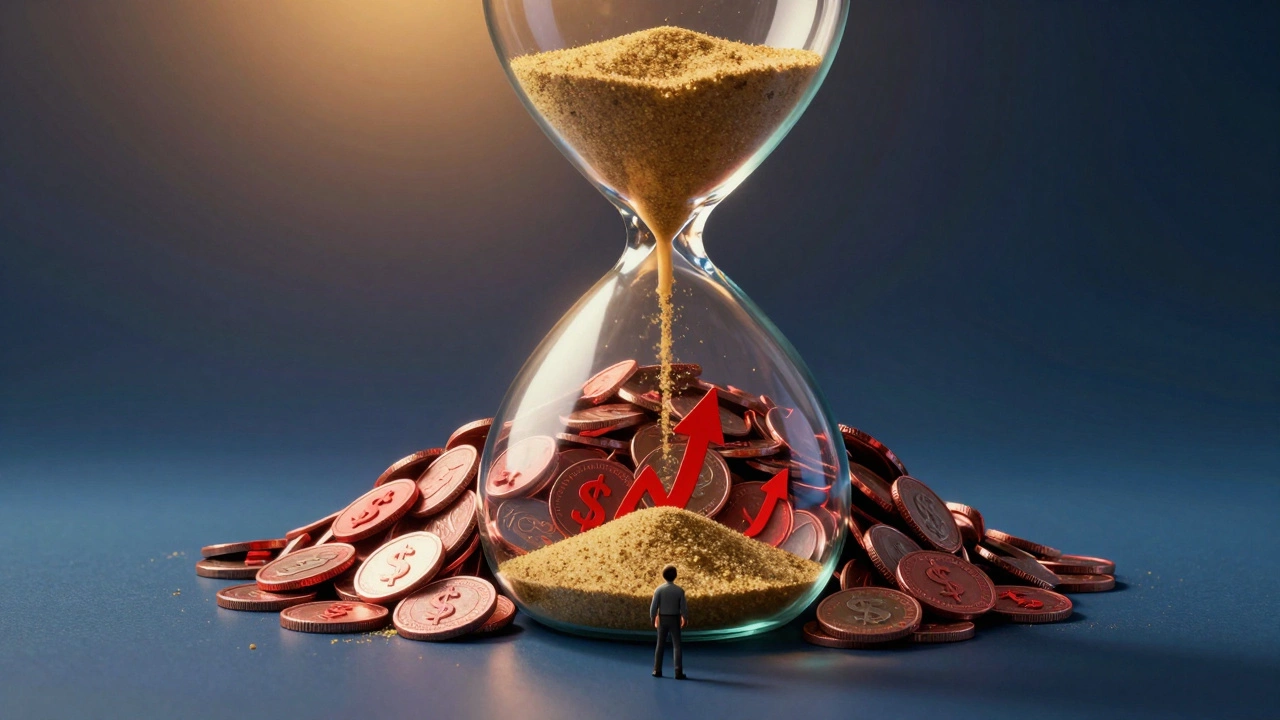 Hourglass with sand piling up into a mountain of debt