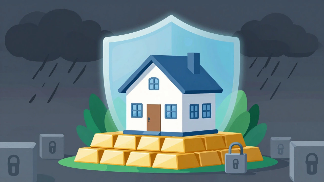 House on solid foundation protected from storm clouds, symbolizing financial strength