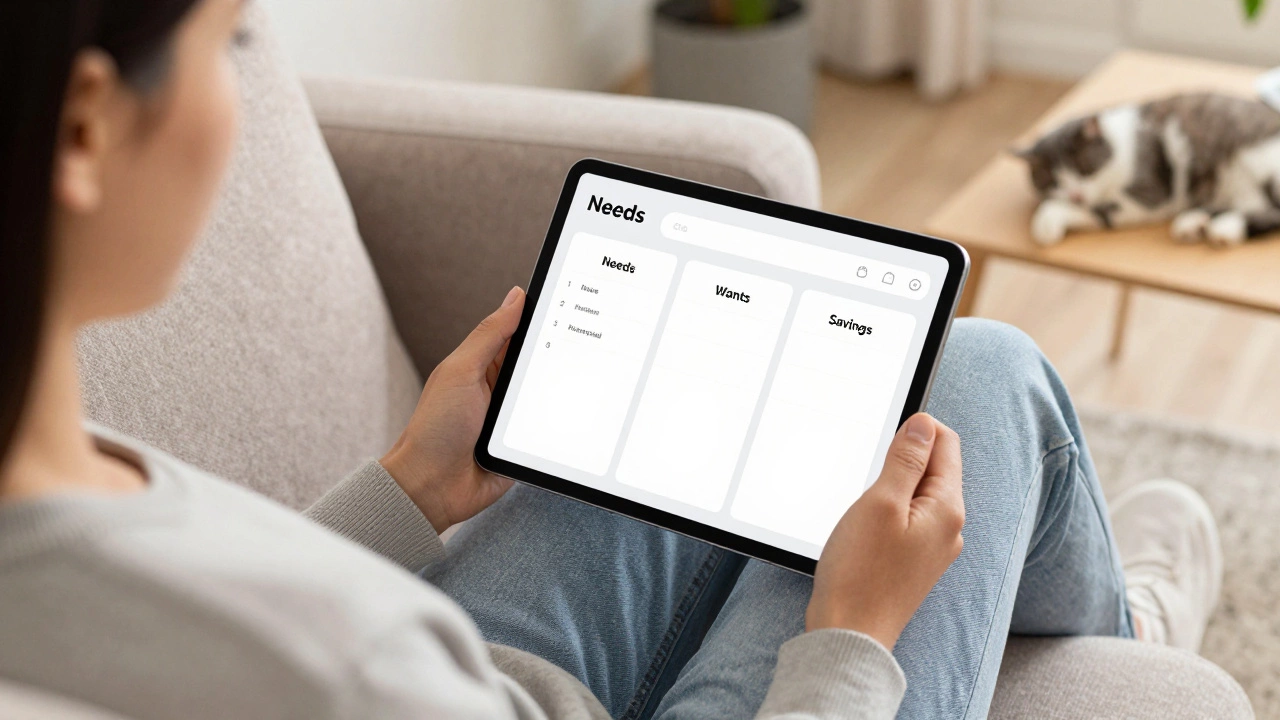 Person reviewing simple budget app on tablet at home