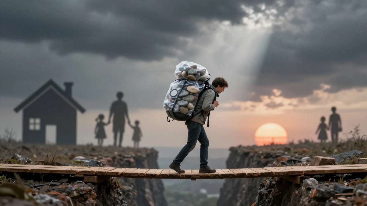 Person weighed down by debt crossing a bridge toward distant goals