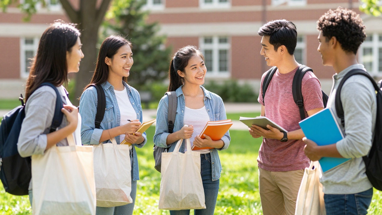 Students buying groceries and books on campus