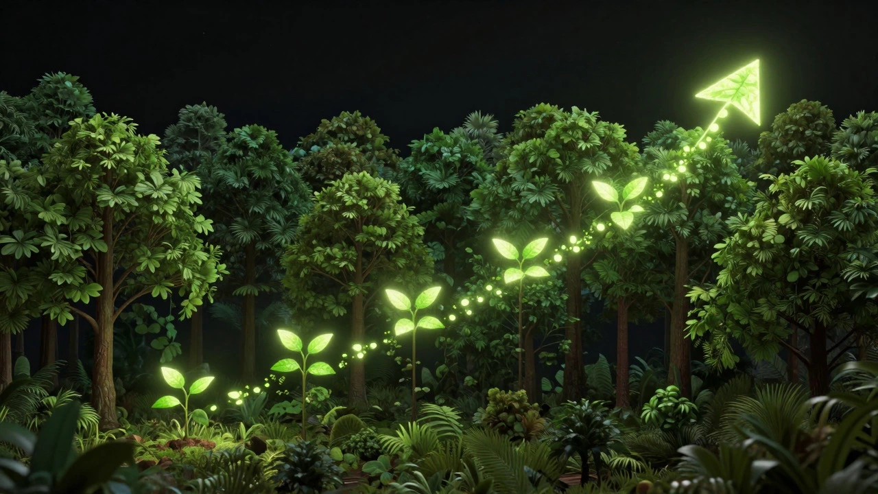 3D render of a seedling growing into a glowing forest over time