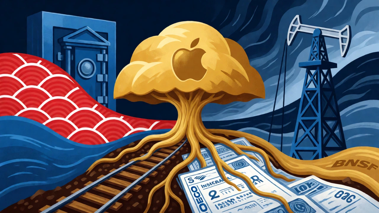 A conceptual illustration showing a golden apple tree rooted among railroads and insurance documents.