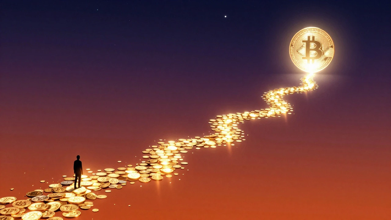 Artistic depiction of a path of light fragments merging into a single bright orb, illustrating the journey to owning one Bitcoin.