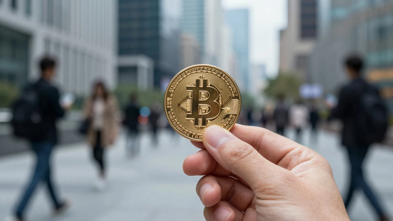 Close-up of a hand holding a gold Bitcoin-like coin with a blurred city background, symbolizing personal ownership.