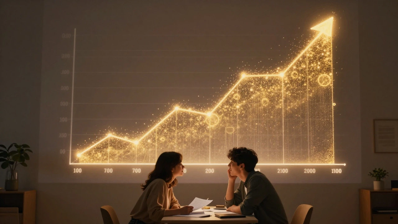 Couple viewing a glowing golden curve projecting long-term investment growth