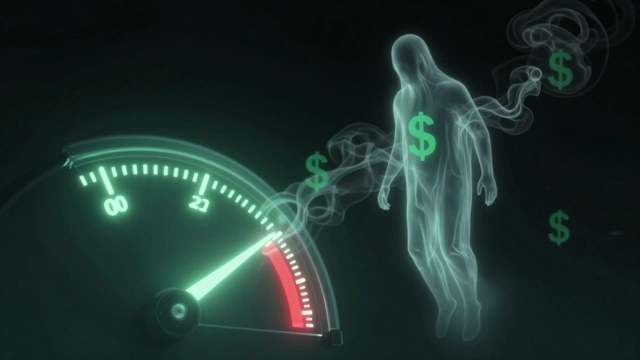 Ghostly figure hovering over a declining credit score gauge