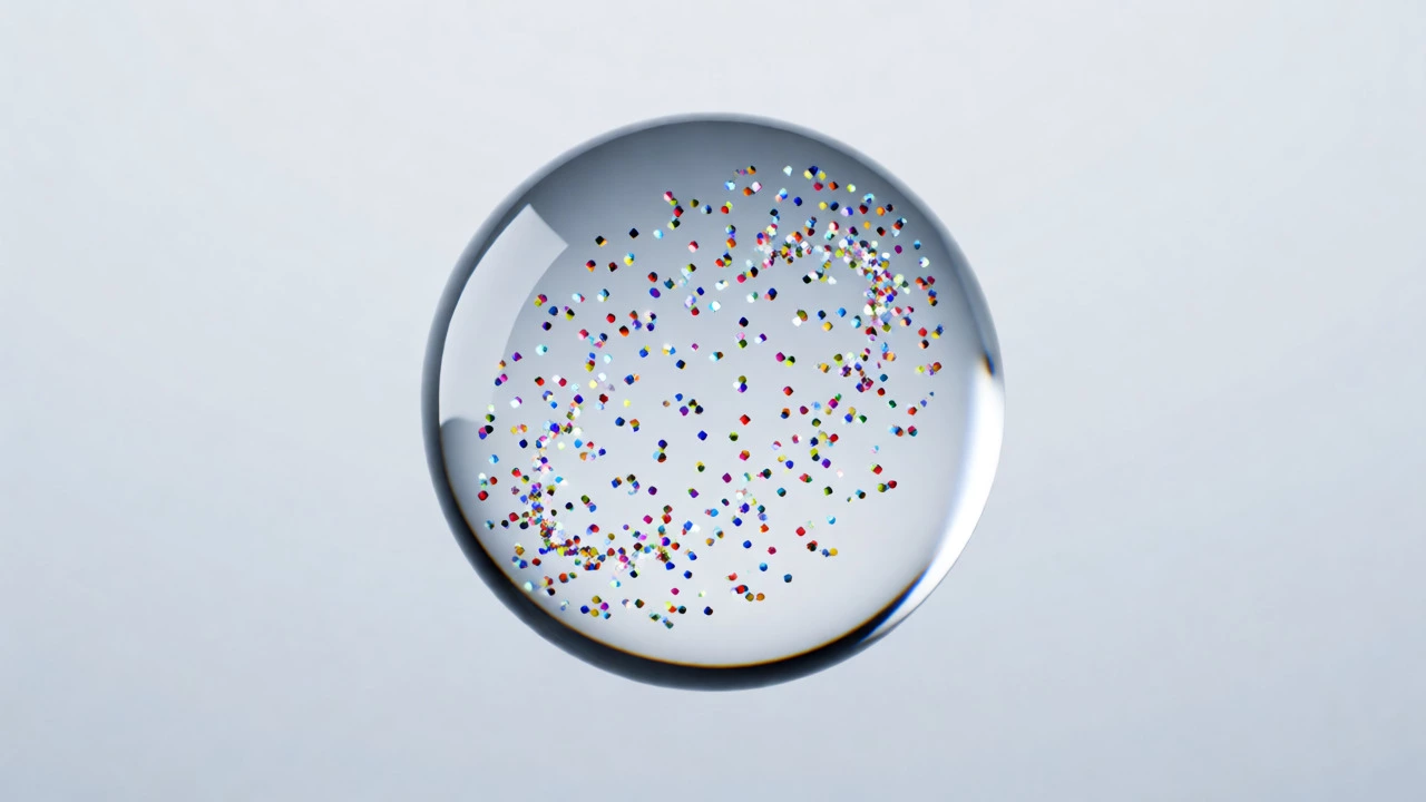 Glass sphere containing swirling colorful shapes representing a diversified global investment portfolio.