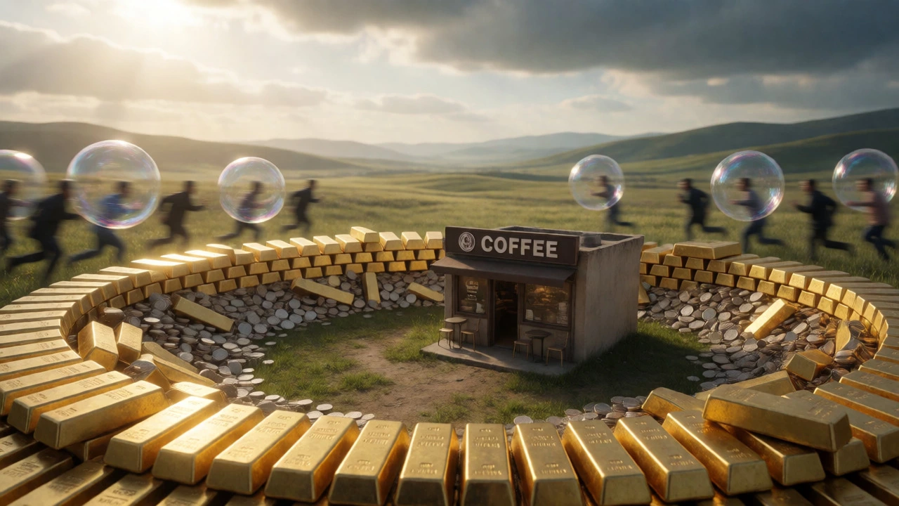 Gold reserves guarding a simple coffee shop while distant figures chase speculative bubbles.