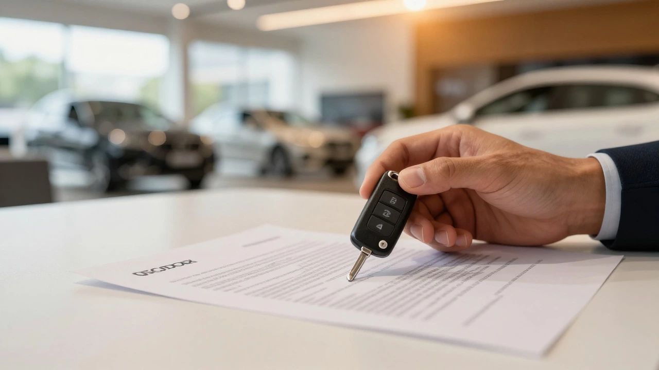 Hand holding car keys over a signed loan contract in a dealership.