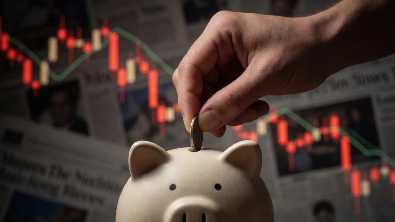 Hand placing a coin in a piggy bank against a blurred background of chaotic financial news.