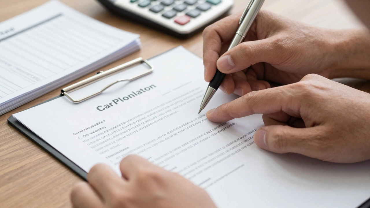 Hands carefully reviewing car loan contract details for errors