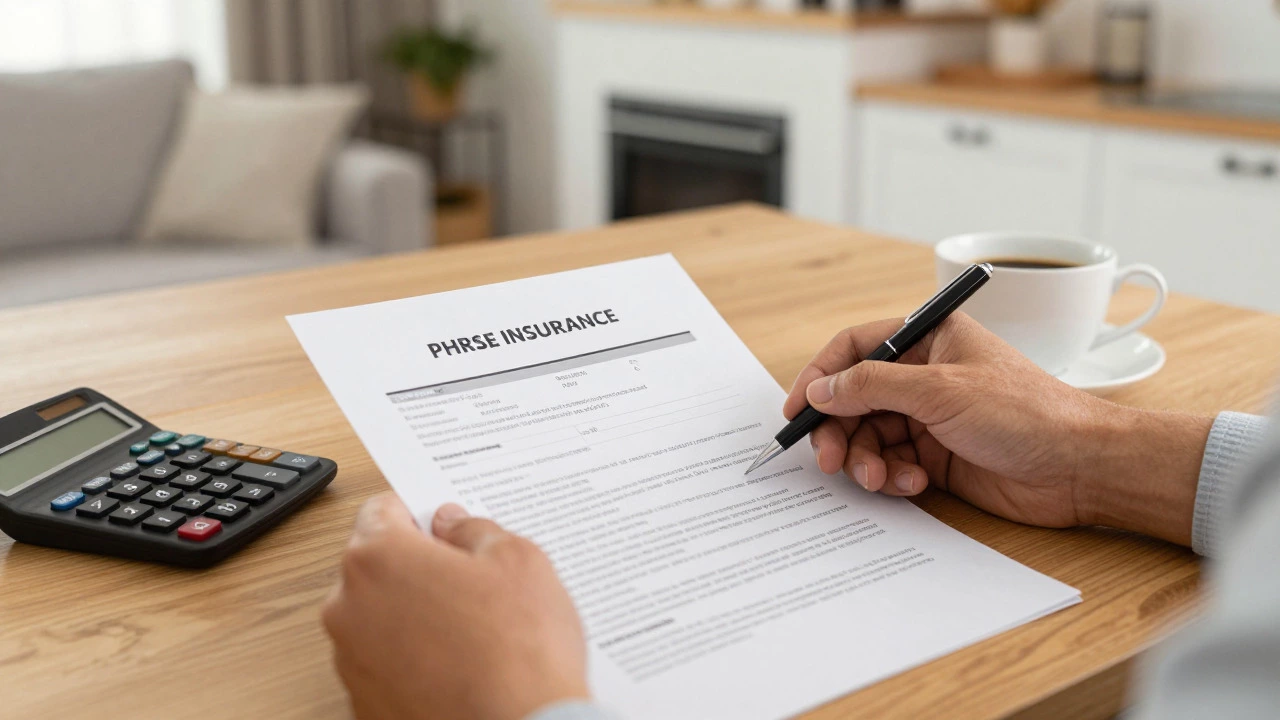 Hands reviewing home insurance policy and calculator on a kitchen table